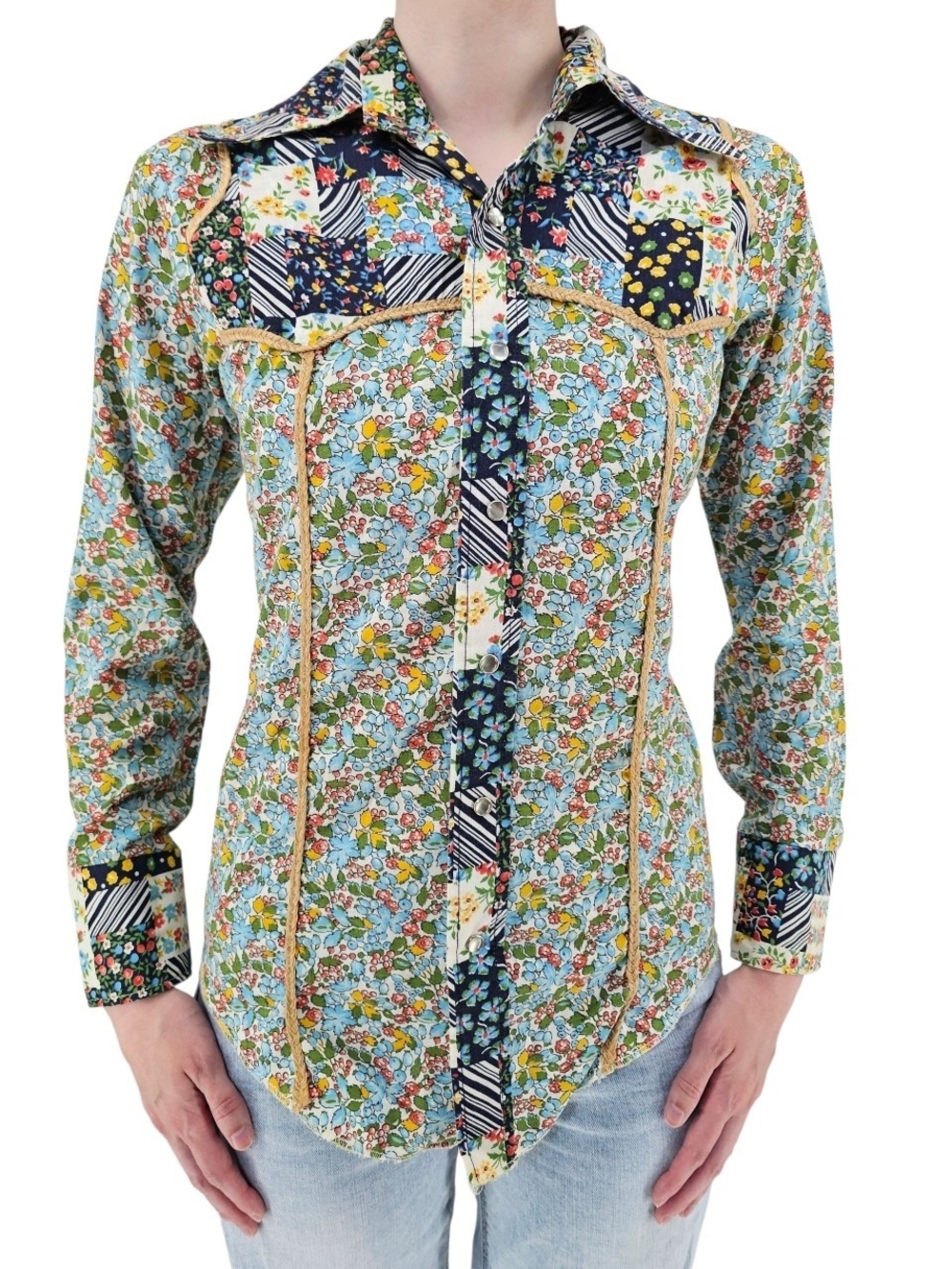 Vintage Floral Patchwork Western Pearl Snap Shirt Women's M Prairie 70s